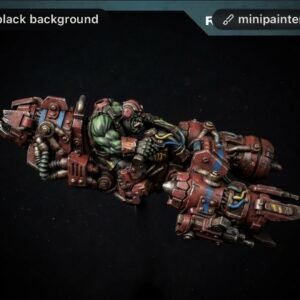 Green orc riding a red armored war machine with gears and cables against a black backdrop.