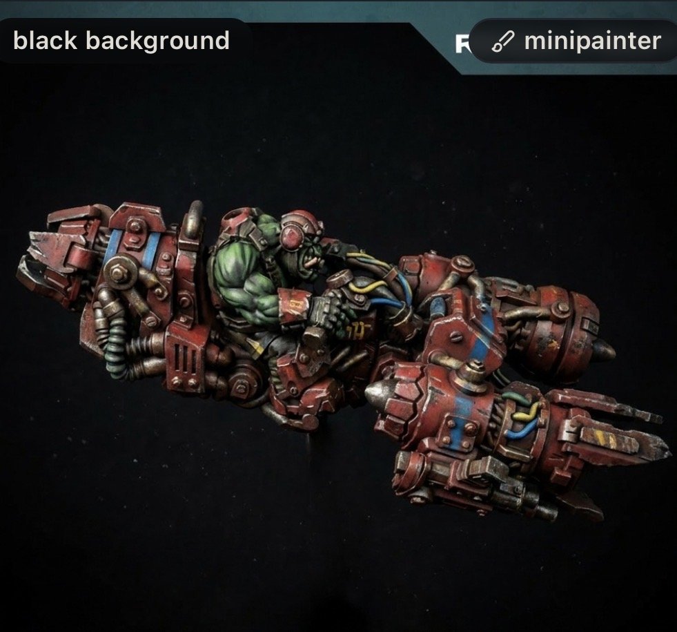 Green orc riding a red armored war machine with gears and cables against a black backdrop.