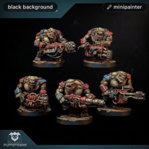 Five painted orc miniatures with heavy guns on round bases, posed against a black backdrop.