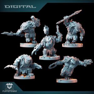 Five sci-fi armored miniature figures on round bases, posed with weapons, against a black background with DIGITAL branding in the corner.