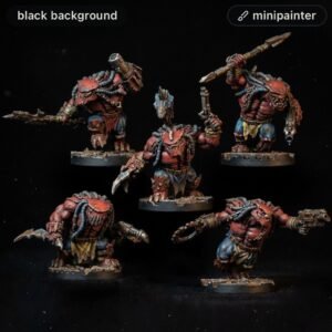 Group of five red-armored orc miniatures on round bases, posed with axes and guns against a black background.