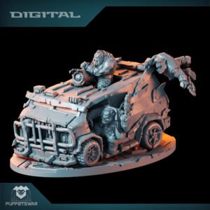 3D-rendered sci‑fi armored jeep with heavy front grille and two armored figures on top firing rifles, a driver inside, displayed on a round base.