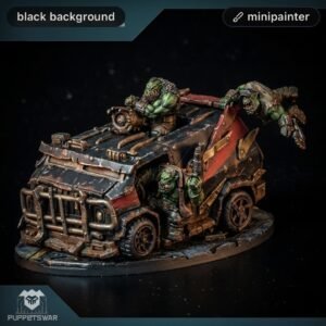 Painted war miniature: a battered armored truck with rust, driven by green orcs, crouching on top and clinging to the sides on a round base.