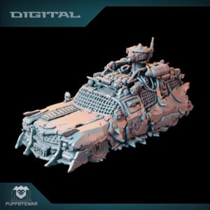 3D render of a heavily armored battle tank with exposed weapons and tubing, a PuppetsWar model.