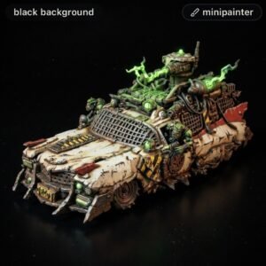 Painted sci‑fi armored car with green mutating energy, weathered for a war game display on a black backdrop