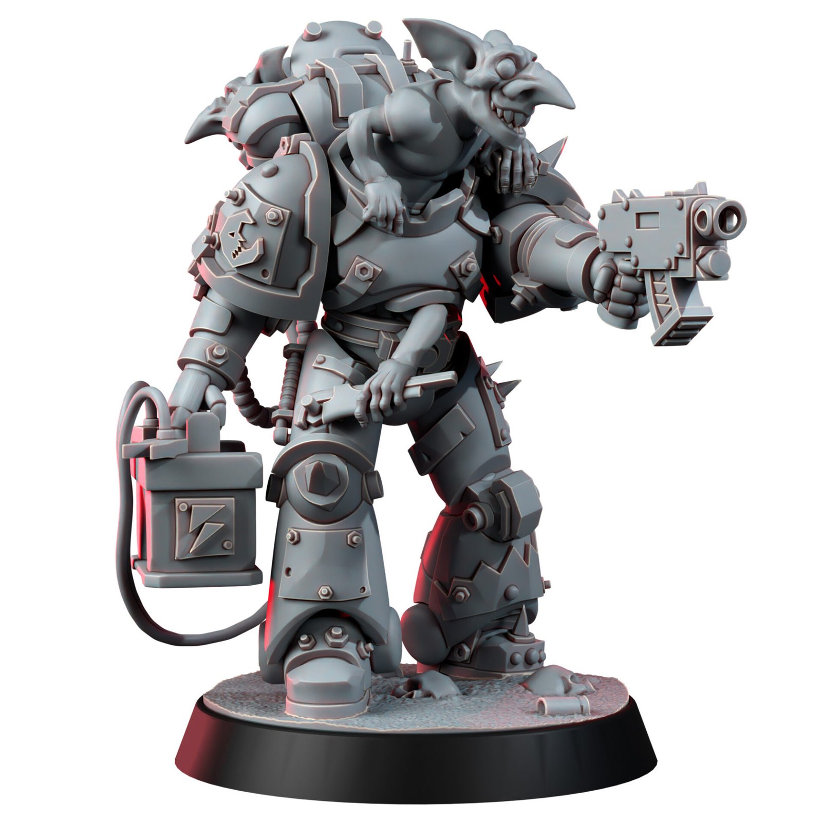 Orc-like warrior in heavy mechanical armor, aiming a large futuristic gun on a display base.