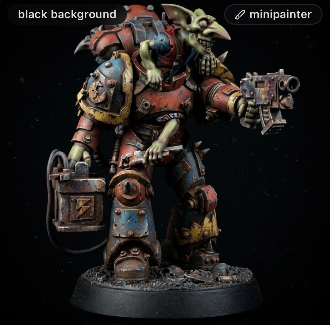 Painted orc in red-blue power armor aiming a heavy pistol, standing on a rubble-strewn battlefield.