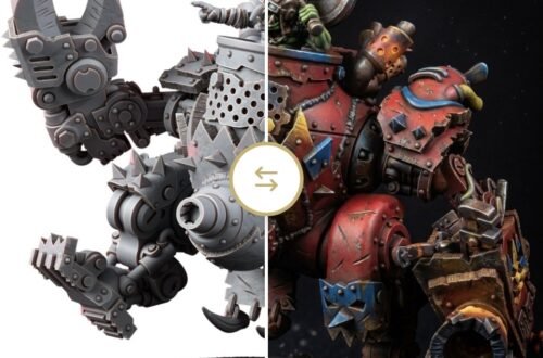 Split-screen: left shows an unpainted gray mechanical miniature; right shows a fully painted red armored figure, with a circular swap icon in the center.