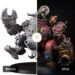 Split-screen: left shows an unpainted gray mechanical miniature; right shows a fully painted red armored figure, with a circular swap icon in the center.