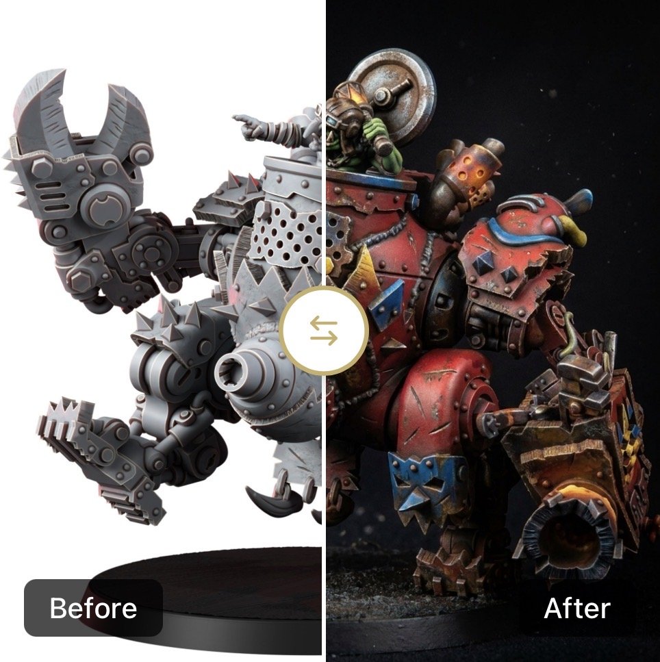 Split-screen: left shows an unpainted gray mechanical miniature; right shows a fully painted red armored figure, with a circular swap icon in the center.