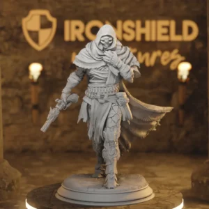 A detailed, hooded armored statue with a gas mask, holding a gun-like weapon, displayed on a round pedestal with the word 'IRONSHIELD' in the background.