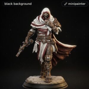 Detailed miniature of a hooded assassin in white robes and brown armor, standing on a rocky base with a pistol in hand against a black background.
