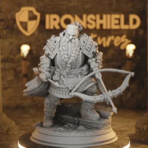 Highly detailed dwarf warrior statue in ornate armor, braided beard, and a bow, standing on a rocky pedestal with a blurred Ironshield workshop backdrop.