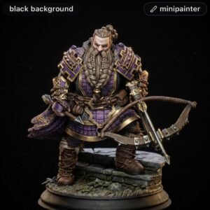 Dwarf warrior figurine in ornate purple and gold armor with braided beard, standing on a rocky base with a bow and axe ready for battle.
