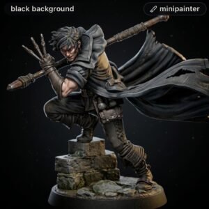Dynamic fantasy figure in a dark cloak leaping with a staff, standing on a stone ruin against a black background.