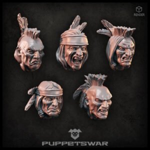 Five sculpted warrior busts with feathered mohawks on a dark background, each with a fierce expression.