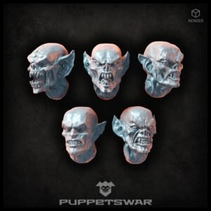 Five goblin/orc-like head sculptures arranged in a grid against a dark textured background, each with menacing snarls and pointed ears.