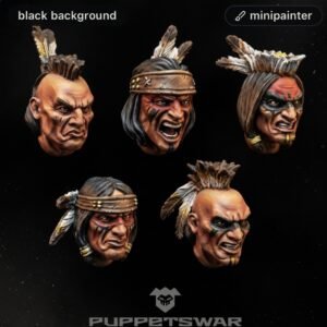 Five painted warrior heads miniatures with feather headdresses arranged on a black background; tribal face paint and grim expressions, Puppets War logo visible at bottom center