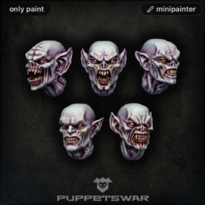 Five pale grey demon heads with red eyes and sharp teeth, arranged on a dark background for tabletop minis.