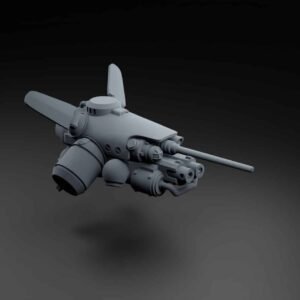 3D model of a futuristic sci‑fi fighter with a turret and long cannon, hovering in a dark gradient background.