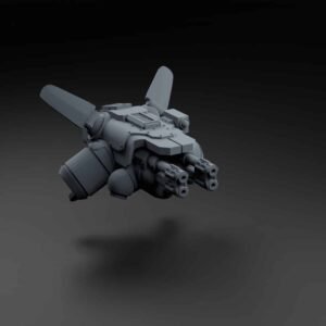 3D render of a compact sci‑fi aircraft with twin front barrels and large vertical stabilizers, floating in a dark gradient background