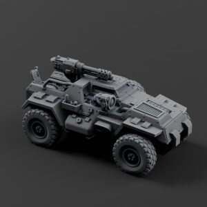 3D render of a futuristic armored wheeled vehicle with a mounted gun and rugged tires.