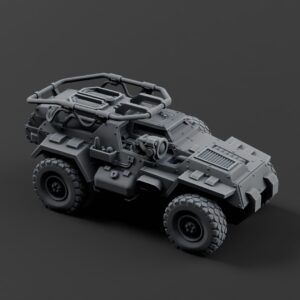 3D render of an armored off-road vehicle with a roll cage and rugged tires on a dark background.