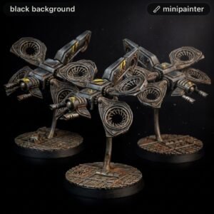 Three metallic sci-fi drone starfighters on weathered display bases, mounted on stands against a black background, with circular engine details and yellow caution markings.