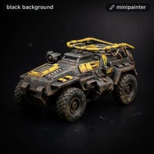 Weathered gray and yellow armored toy vehicle with large rugged tires on a black background. A yellow looped rack sits on top, with small detailing and worn paint suggesting a post-apocalyptic design.