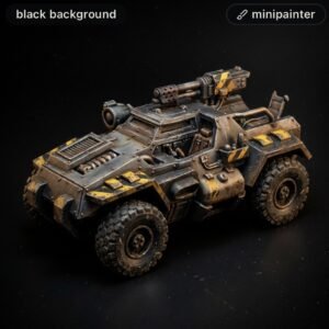 Armored four-wheeled toy vehicle with a rotating gun turret and yellow-black hazard stripes on a dark background.