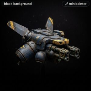 Weathered blue and yellow sci-fi spacecraft model with dual gun nacelles against a black background.