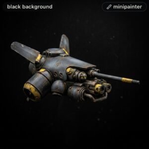 Rusty blue-gray sci-fi drone with twin propellers and a cannon, floating against a black background.