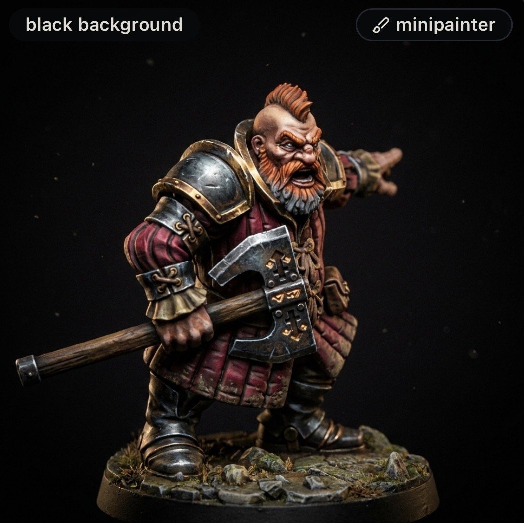 Dwarf warrior miniature in red armor gripping a large battle-axe, standing on a rocky base with a dark background.