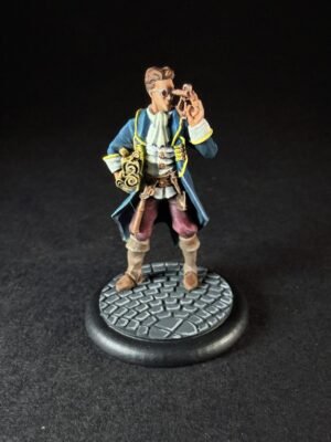 IMG_1459 Painted fantasy mini figure: a man in a blue coat with yellow trim, white cravat, and brown boots, looking through a brass telescope on a cobblestone base.