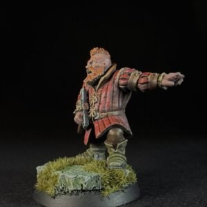 Fantasy dwarf miniature in red armor with beard, standing on a grassy rocky base, arm extended forward.
