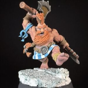 Miniature dwarf warrior with orange beard swinging a large battle axe on a snowy rocky base.