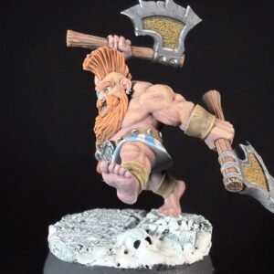 Tabletop fantasy dwarf miniature in a leaping battle pose, wielding a large axe over his shoulder and a hammer in his other hand, standing on a rocky snowy base.