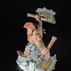Painted miniature of a muscular Viking with orange hair raising a double-headed axe on a rocky base.