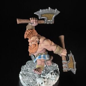 Fantasy barbarian warrior with orange hair, wielding a large double-headed axe above his head, standing on a rocky base.