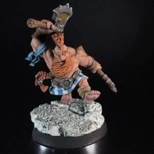 Painted dwarf barbarian miniature raising a battle-axe on a rocky base against a black background.