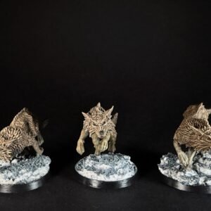 IMG_1835 Three fenrisian wolves miniatures standing on rocky, snow-covered bases against a black background.