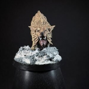 IMG_1837 Three fenrisian wolves miniatures standing on rocky, snow-covered like scales and open jaws, mounted on a snow-dusted rocky base on a black pedestal.