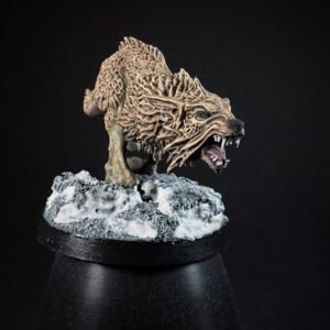 IMG_1838 Three fenrisian wolves miniatures standing on rocky, snow-covered a snowy rocky base, mouth open in a roar.