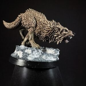 IMG_1839 Three fenrisian wolves miniatures standing on rocky, snow-covered standing on a snowy rocky base on a black background.