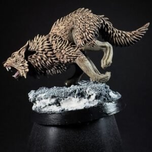 IMG_1843 Three fenrisian wolves miniatures standing on rocky, snow-covered