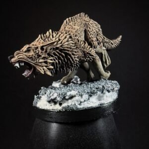 IMG_1844 Three fenrisian wolves miniatures standing on rocky, snow-covered