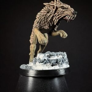 IMG_1846 Three fenrisian wolves miniatures standing on rocky, snow-covered
