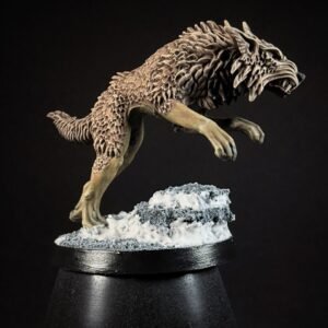 IMG_1847 Three fenrisian wolves miniatures standing on rocky, snow-covered