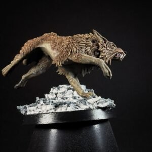 IMG_1855 Three fenrisian wolves miniatures standing on rocky, snow-covered