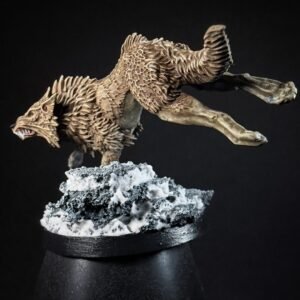 IMG_1859 Three fenrisian wolves miniatures standing on rocky, snow-covered
